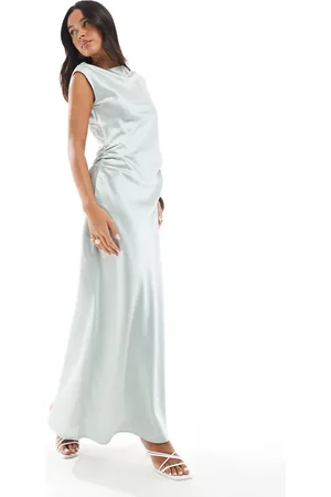 4th & Reckless Gathered waist drape detail slash neck satin maxi dress in light blue