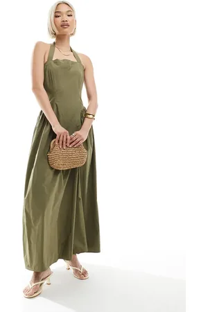 4th & Reckless Cotton square halterneck hip pleat detail maxi dress in olive