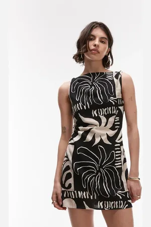 Topshop Twist shoulder linen mini dress in mono abstract print