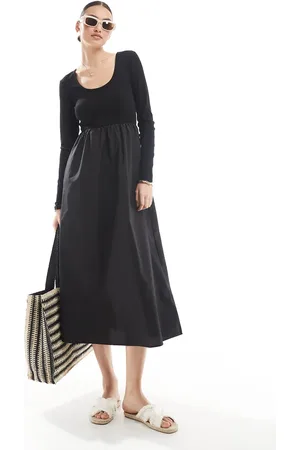 Threadbare Long sleeve jersey poplin mix midi dress in
