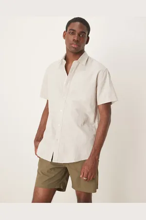 SELECTED Long sleeve stand collar linen blend shirt in cream
