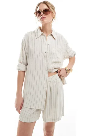Pieces® Linen mix shirt in birch cream and black stripe - part of a set