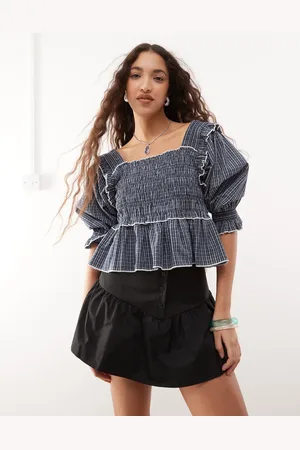 COLLUSION Extreme ruched puff sleeve blouse with contrast ties in plaid
