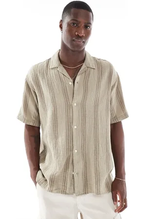 JACK & JONES Camp collar shirt in tan textured stripes