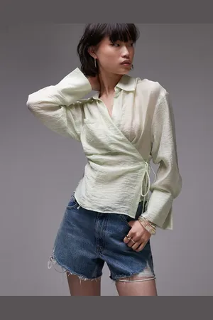 MANGO Tie side wrap round shirt in sage