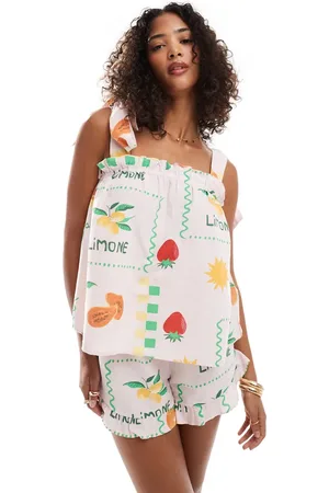Pieces® High waist shorts in pale based fruit print - part of a set