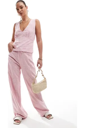 Stradivarius Linen mix embroidery detail pants in - part of a set