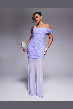 Kaiia Exclusive slinky asymmetric one-shoulder sheer hem maxi dress in lilac