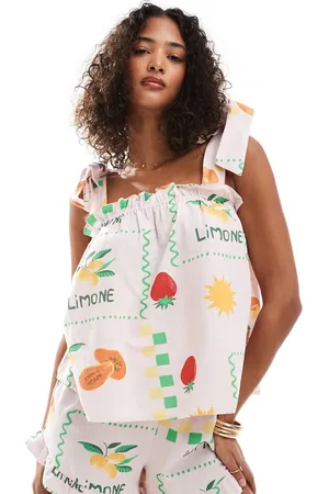 Pieces® Tie shoulder smock top in pale based fruit print - part of a set
