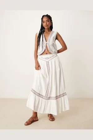 Threadbare Cotton rich woven maxi skirt with embroidery in cream - part of a set