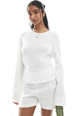 Pieces® Mix and match self striped knit wide sleeve top in off