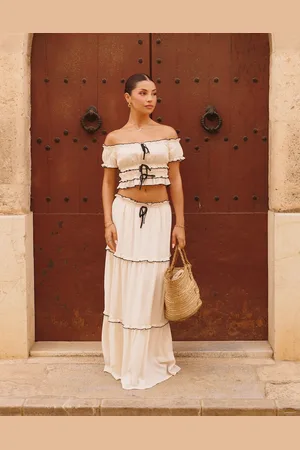The Frolic X Lydia Kara exclusive bardot contrast lettuce edge crop top in cream - part of a set