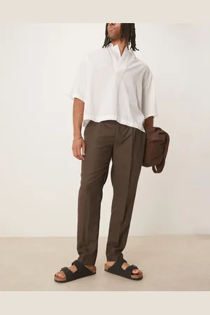 MANGO Linen blend slim fit pants in chocolate