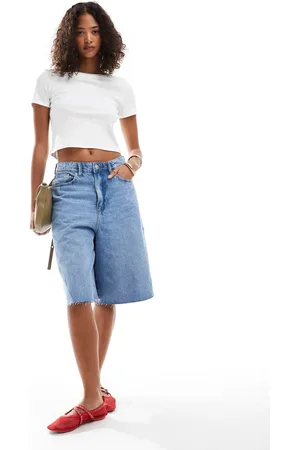 Pieces® Longline straight leg jorts in light denim wash