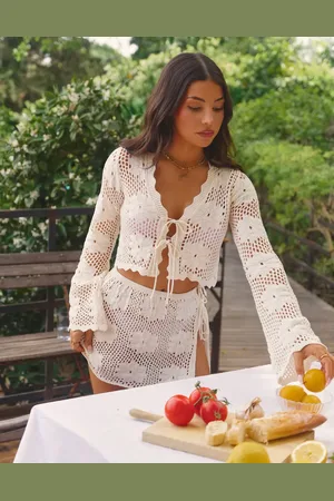 The Frolic X Lydia Kara exclusive crochet tie front long sleeve beach crop top in cream floral - part of a set