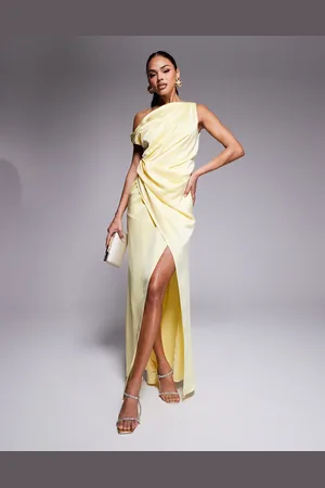 Jarlo Asymmetric drape satin maxi dress in lemon