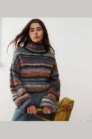 Reclaimed Balloon sleeve turtleneck sweater in chunky mixed twist stripe