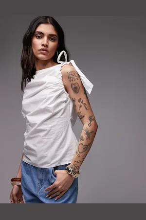 Topshop Poplin ruched shoulders sleeveless top in ivory
