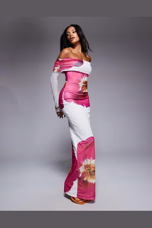 Kaiia Exclusive slinky deep off the shoulder bodycon maxi dress in white and pink flower print