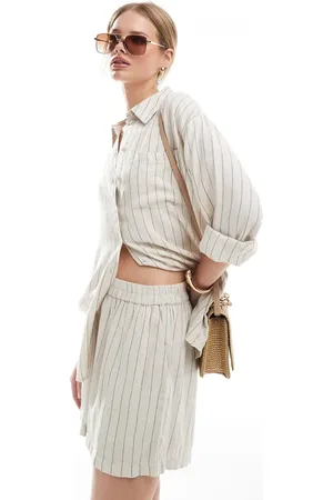 Pieces® Linen touch shorts in birch cream and stripe - part of a set