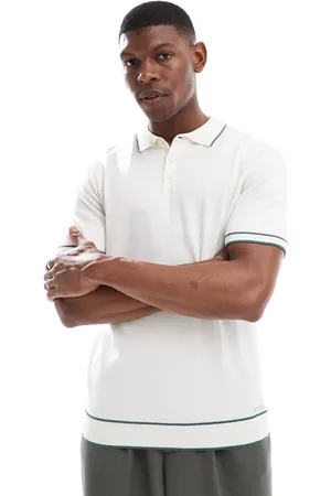 Threadbare Short sleeve knit polo shirt in ecru and sage