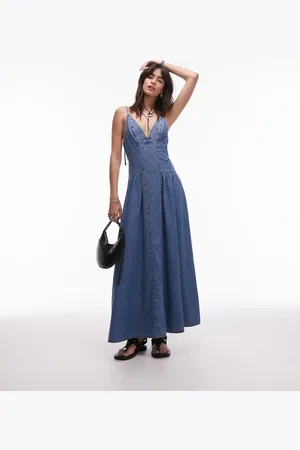 Topshop Denim maxi dress with seam details and ruching in mid