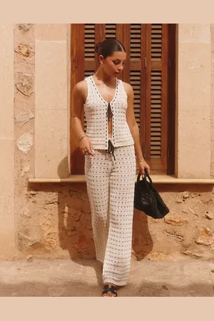 The Frolic X Lydia Kara exclusive crochet contrast thread trim wide leg beach pants in cream - part of a set
