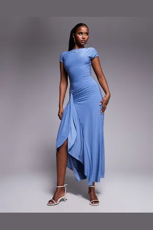 Kaiia Exclusive slinky cap sleeve side slit drape detail maxi dress in sky