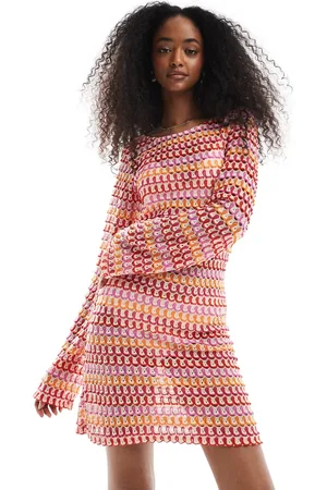 Pieces® Crochet long sleeve mini dress in and orange stripes