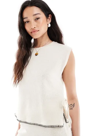 Pieces® Knit tank top with contrast stitch in sandshell - part of a set