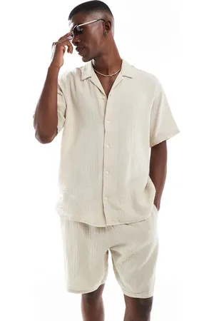 JACK & JONES Texture camp collar shirt and shorts set in cream