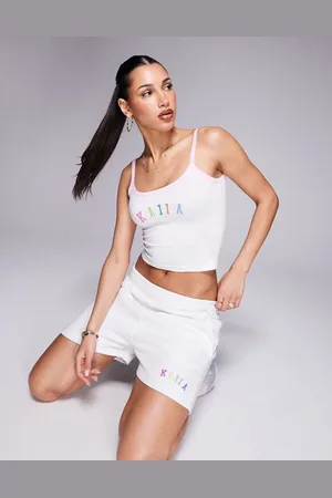 Kaiia Embroidered rainbow logo contrast trim cami crop top in heather - part of a set