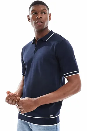 Threadbare Short sleeve knit polo shirt in navy with white tipping