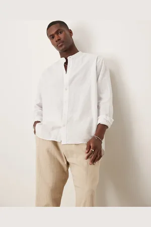 SELECTED Long sleeve band collar linen blend shirt in