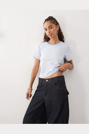 Monki Shrunken tee in blue and white stripe