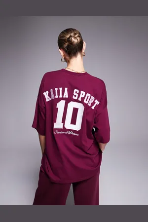 Kaiia Sport embroidered contrast logo oversized t-shirt in burgundy - part of a set