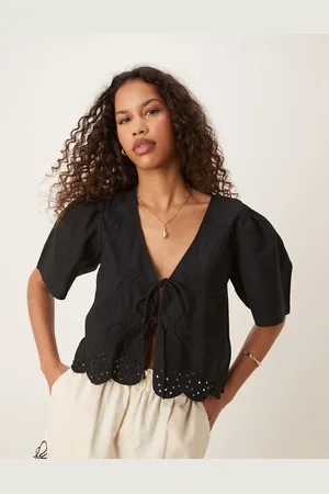 JDY Tie front eyelet cropped blouse in