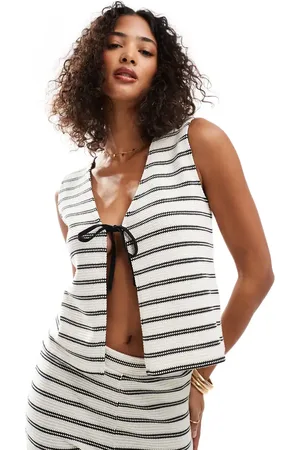 Pieces® Tie front crochet tank top in monochrome stripes - part of a set