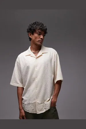 Topman Oversized fit button up jersey shirt with lace trim in light stone