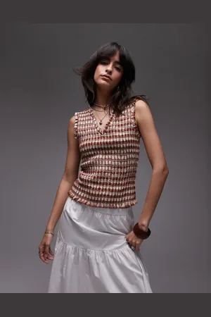 Topshop V-neck sleeveless shirred top in rust gingham
