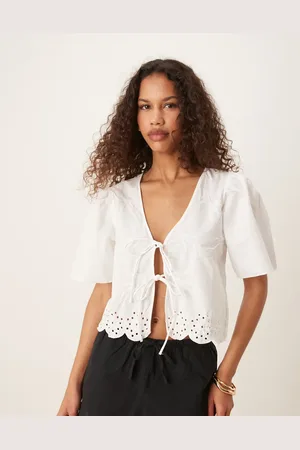 JDY Tie front eyelet cropped blouse in