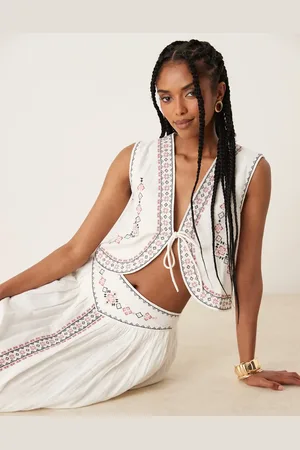 Threadbare Cotton rich woven tie vest with embroidery in cream - part of a set