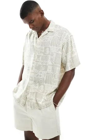 JACK & JONES Revere collar linen short sleeve shirt with sealife print in beige