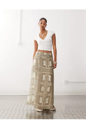 Monki Sheer maxi skirt in Renaissance print in khaki