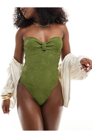 Miss Selfridge Crinkle bandeau open back swimsuit in khaki