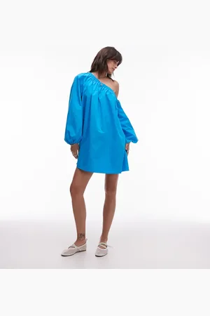 Topshop Off the shoulder trapeze poplin mini dress in turquoise