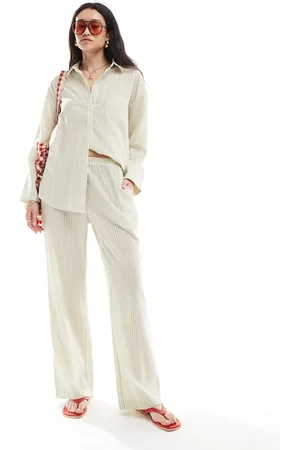 4th & Reckless Lightweight linen look wide leg beach pants in cream & sage stripes - part of a set