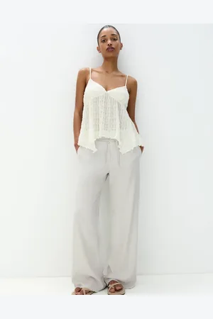Pull&Bear Tie up waist frayed hem wide leg pants in