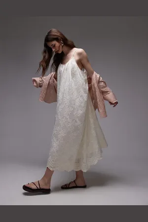 Topshop Embroidered midi dress with tie shoulders in ivory