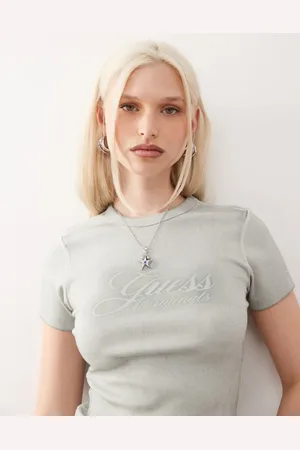 Guess Ribbed t-shirt in washed with rhinestone logo embellishment